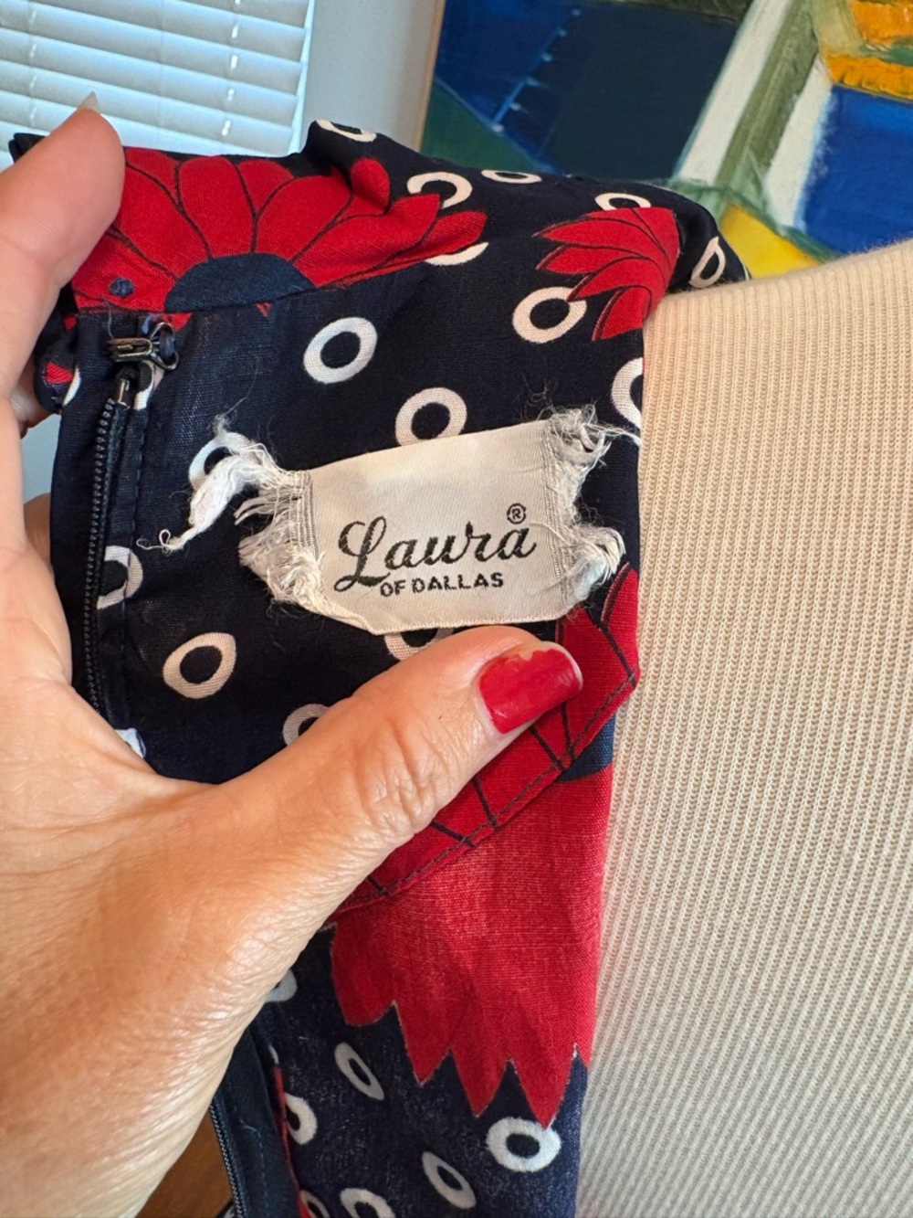 Vintage 60s Sleeveless Navy Playsuit with Red Floral Print - Picture 11 of 12